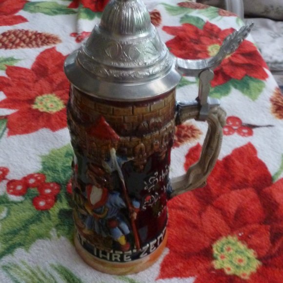 Rare Antique German Beer Stein – Christmas Theme, Raised Relief, Pewter Lid, 10" - Picture 1 of 12